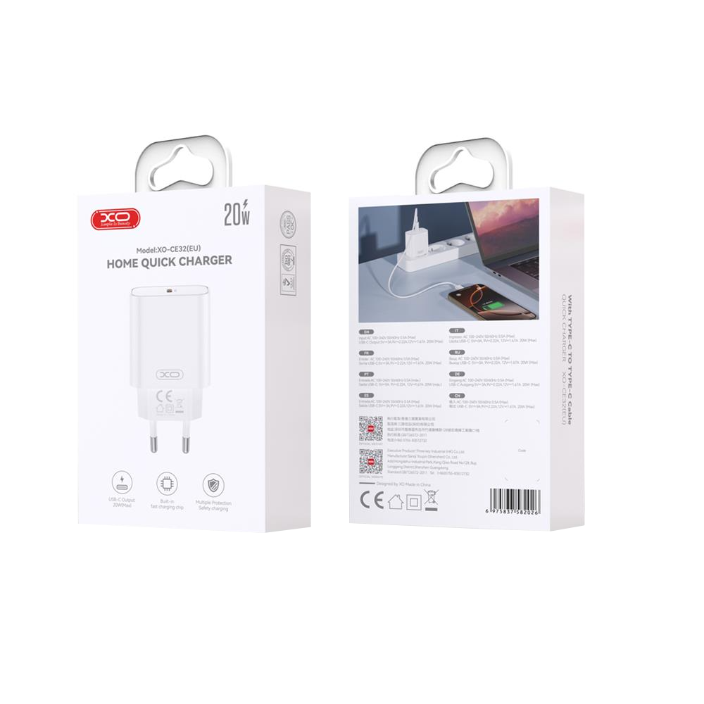 Зарядно за мрежа с кабел USB-C XO Design CE32, 20W, 3A, 1 x USB-C, Бяло