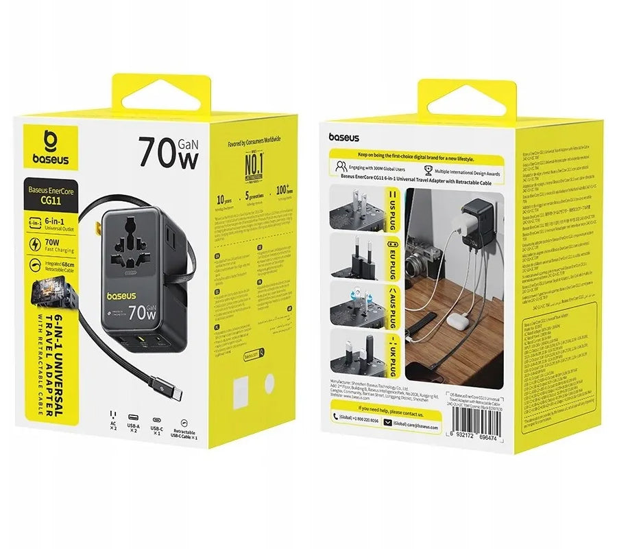 Мрежово зарядно с USB-C кабел Baseus Travel EnerCore CG11, 70W, 2 x контакт - 1 x USB-C - 2 x USB-A, черно E0307E00