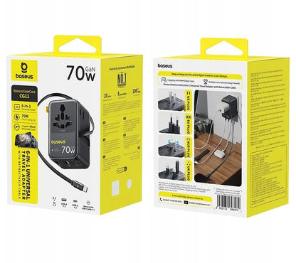 Мрежово зарядно с USB-C кабел Baseus Travel EnerCore CG11, 70W, 2 x контакт - 1 x USB-C - 2 x USB-A, черно E0307E00