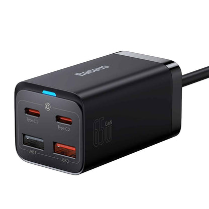 Мрежово зарядно устройство Baseus GaN3 Pro USB-C с кабел, 65W, 3A, 2 x USB-A - 2 x USB-C, черно CCGP04010101