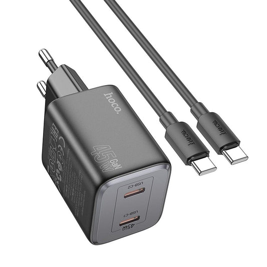 Мрежово зарядно устройство с USB-C кабел HOCO N42, 45W, 3A, 2 x USB-C, черно 