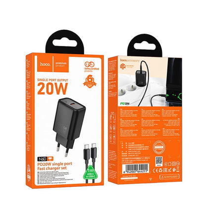 Мрежово зарядно устройство с USB-C кабел HOCO N60, 20W, 3A, 1 x USB-C, Черно