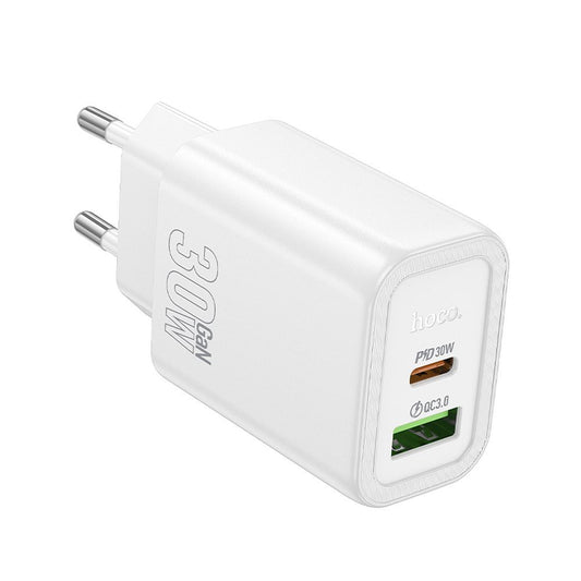 Зарядно за мрежа HOCO N63, 30W, 3A, 1 x USB-A - 1 x USB-C, Бяло
