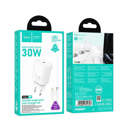 Зарядно за мрежа с кабел Lightning HOCO N62, 30W, 3A, 1 x USB-C, Бяло