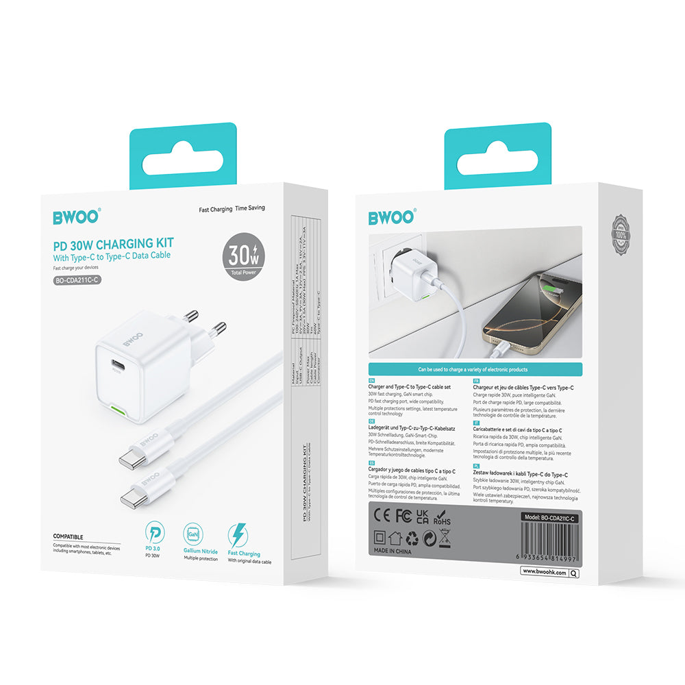 Зарядно за мрежа с USB-C кабел BWOO CDA211, 30W, 3A, 1 x USB-C, Бяло
