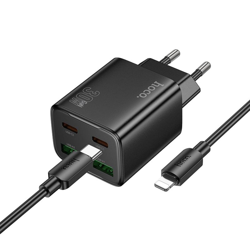 Мрежово зарядно устройство с кабел Lightning HOCO N56, 30W, 3A, 2 x USB-A - 2 x USB-C, Черно