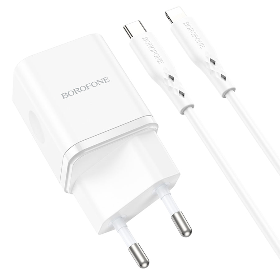 Зарядно устройство за мрежа с кабел Lightning Borofone BN7, 20W, 3A, 1 x USB-A - 1 x USB-C, Бяло