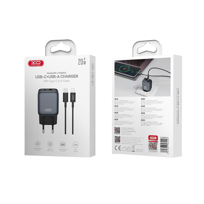 XO Design L154 Network Charger with Lightning Cable, 20W, 3A, 1 x USB-A - 1 x USB-C, Black
