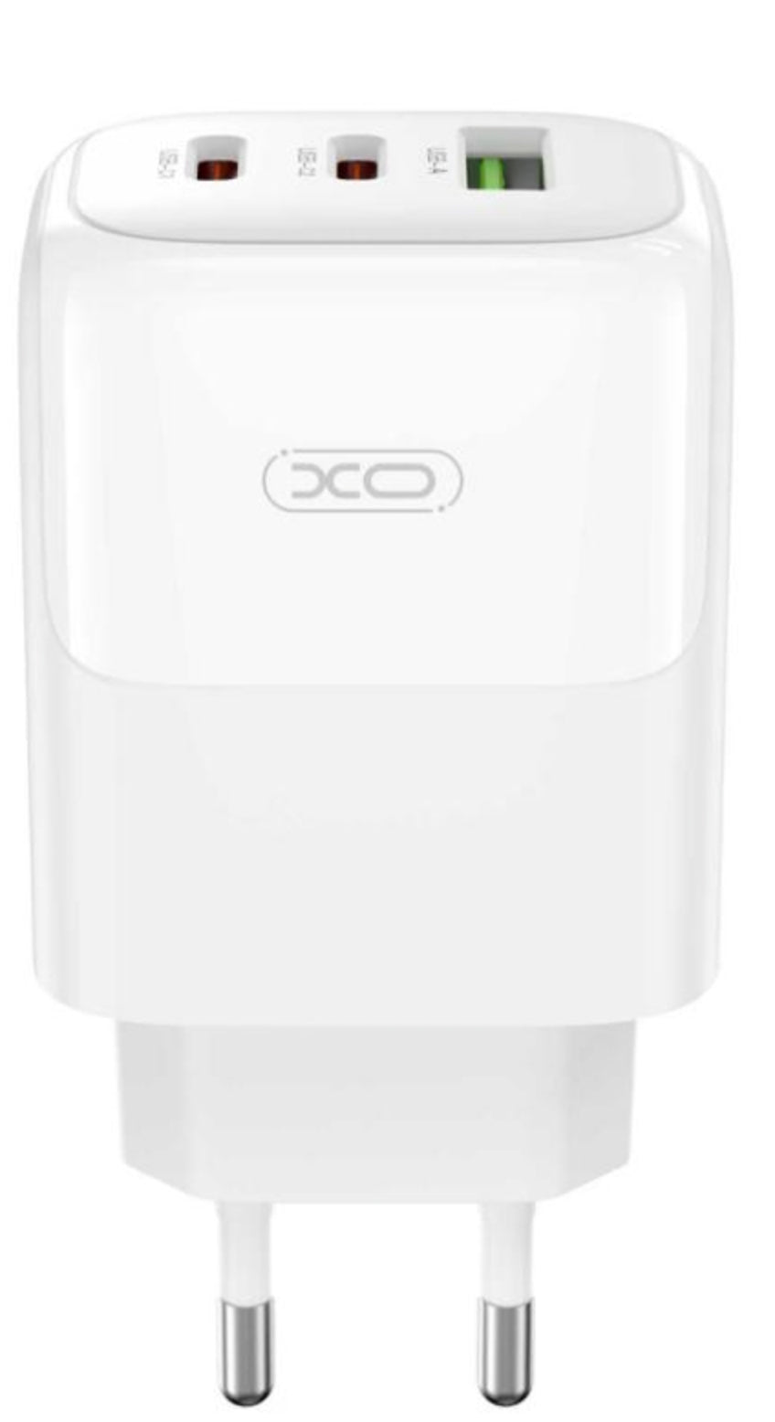 Зарядно устройство за мрежа с кабел USB-C XO Design L139, 65W, 4.5A, 1 x USB-A - 2 x USB-C, Бяло