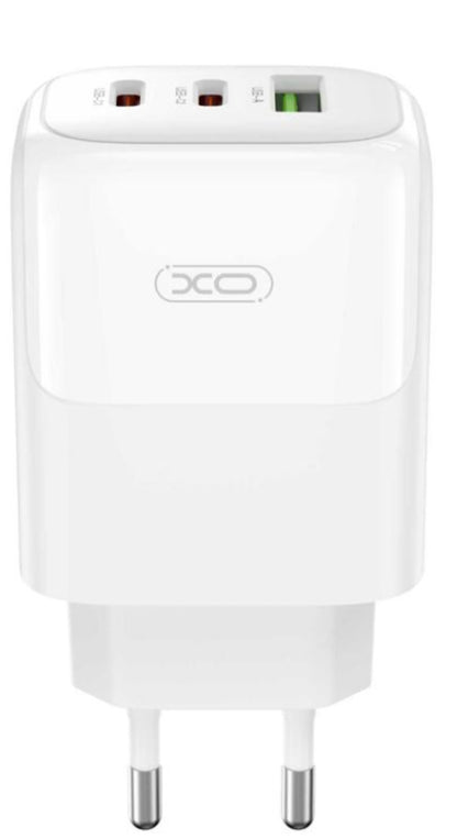 Зарядно устройство за мрежа с кабел USB-C XO Design L139, 65W, 4.5A, 1 x USB-A - 2 x USB-C, Бяло