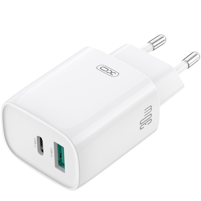 Зарядно устройство за мрежа с кабел Lightning XO Design CE30, 30W, 3A, 1 x USB-A - 1 x USB-C, Бяло