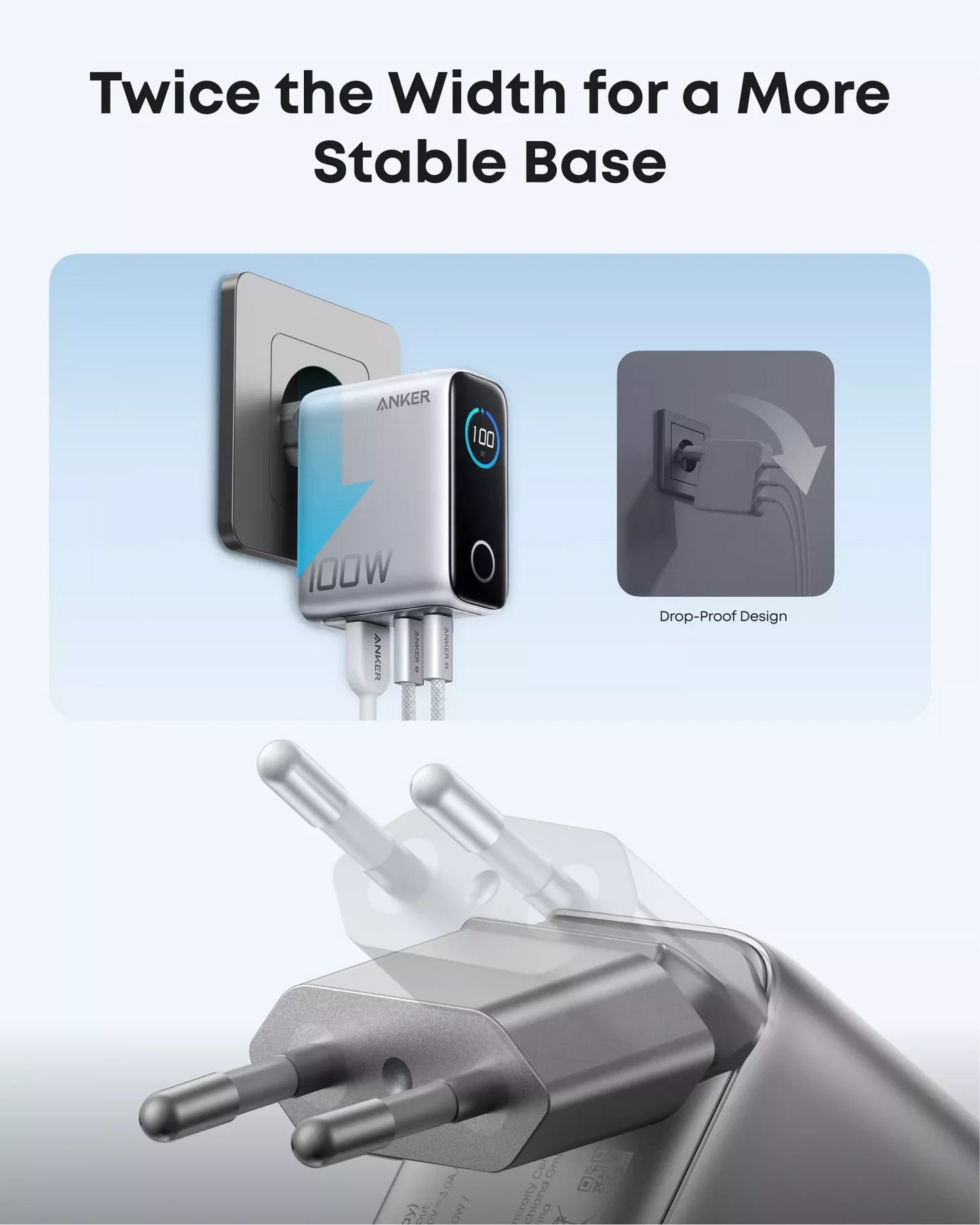 Зарядно устройство за мрежа с кабел USB-C Anker Smart Display, 100W, 5A, 1 x USB-A - 2 x USB-C, Сребристо B121BG41