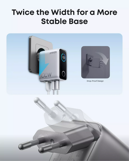 Зарядно устройство за мрежа с кабел USB-C Anker Smart Display, 100W, 5A, 1 x USB-A - 2 x USB-C, Сребристо B121BG41