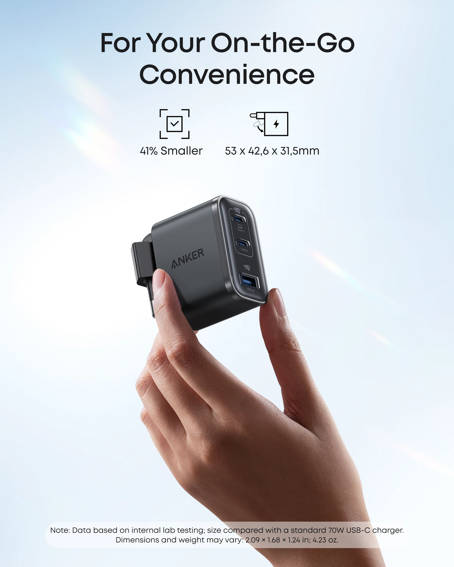 Зарядно за мрежа с USB-C кабел Anker Nano, 70W, 3.5A, 1 x USB-A - 2 x USB-C, Сиво B121A311