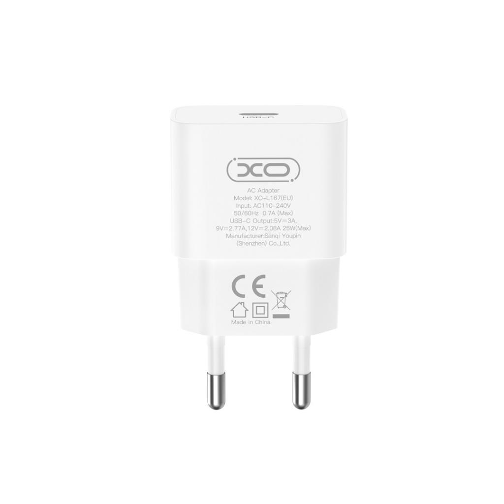 Зарядно устройство с мрежов кабел Lightning XO Design L167, 25W, 3A, 1 x USB-C, бяло