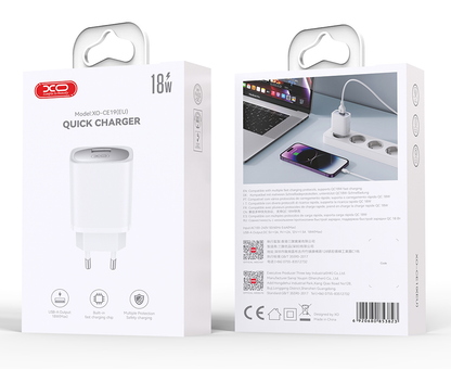 Network Charger with USB-C Cable XO Design CE19, 18W, 3A, 1 x USB-A, White