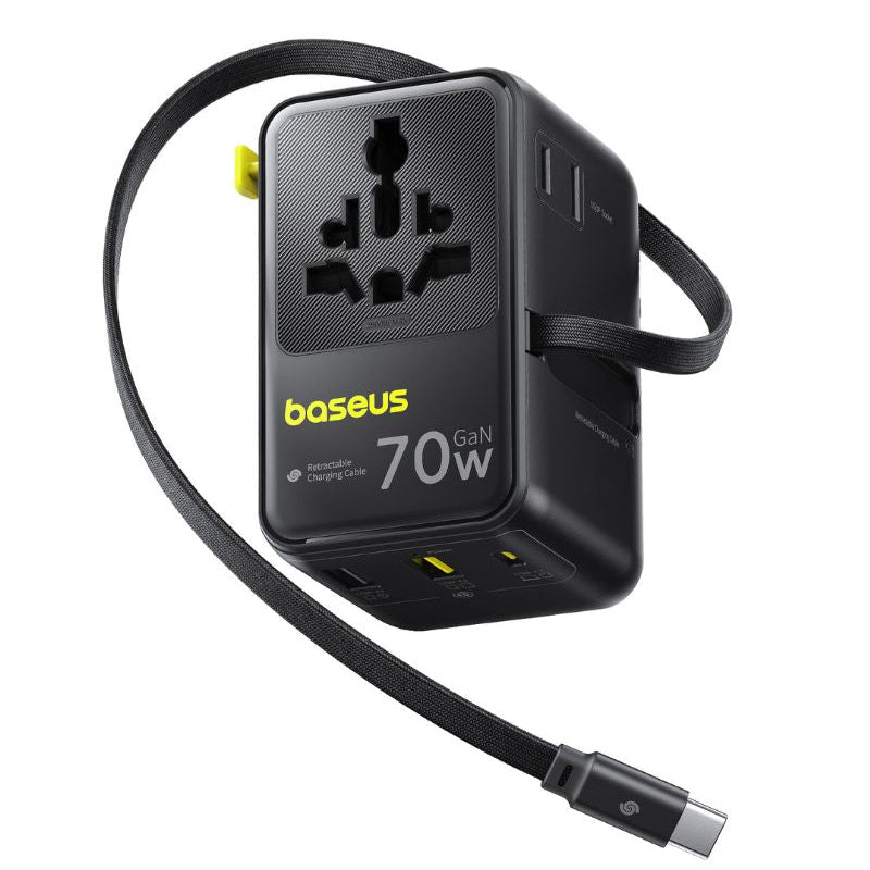 Мрежово зарядно с USB-C кабел Baseus Travel EnerCore CG11, 70W, 2 x контакт - 1 x USB-C - 2 x USB-A, черно E0307E00
