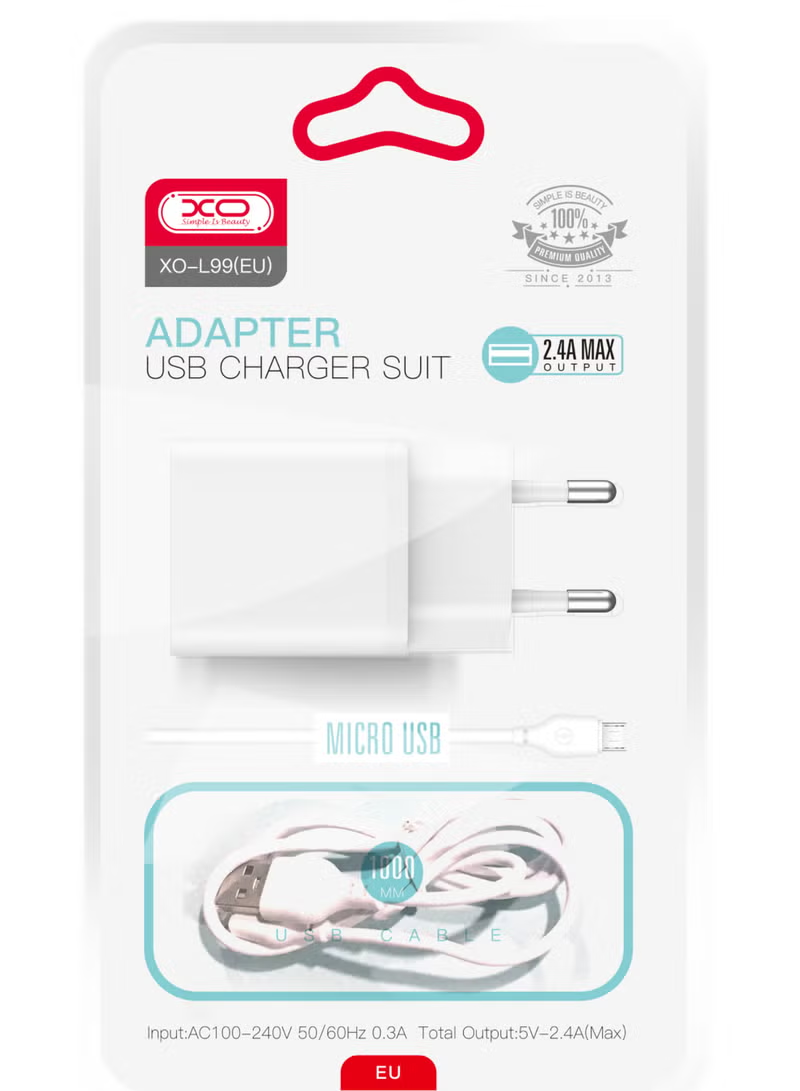 Зарядно устройство за мрежа с кабел microUSB XO Design L99, 12W, 2.4A, 1 x USB-A, Бяло