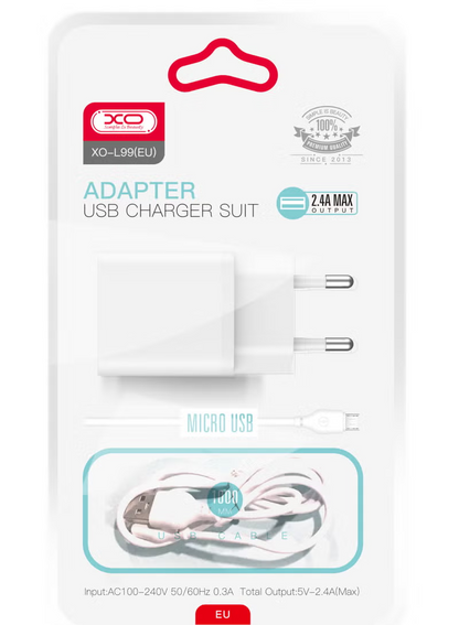 Зарядно устройство за мрежа с кабел microUSB XO Design L99, 12W, 2.4A, 1 x USB-A, Бяло