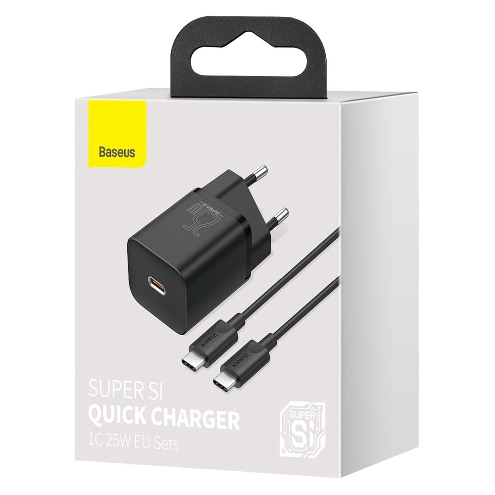 Мрежово зарядно устройство Baseus Super Si USB-C с USB-C кабел, 25W, 3A, 1 x USB-C, черно TZCCCSUP-L01 