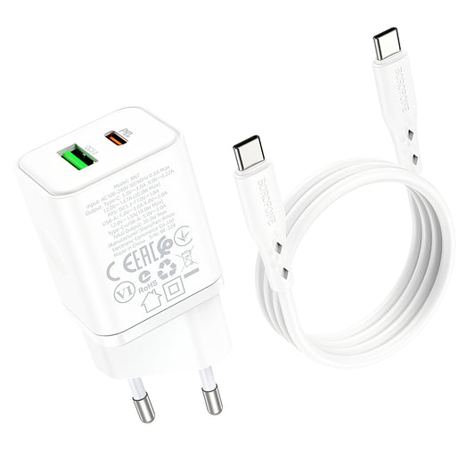 Мрежово зарядно устройство с USB-C кабел Borofone BN7, 20W, 3A, 1 x USB-A - 1 x USB-C, бяло
