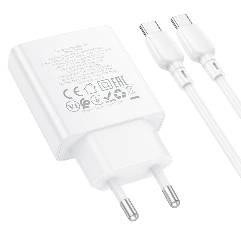 Мрежово зарядно устройство с USB-C кабел Borofone BN25 Wish, 30W, 3A, 1 x USB-A - 1 x USB-C, бяло 