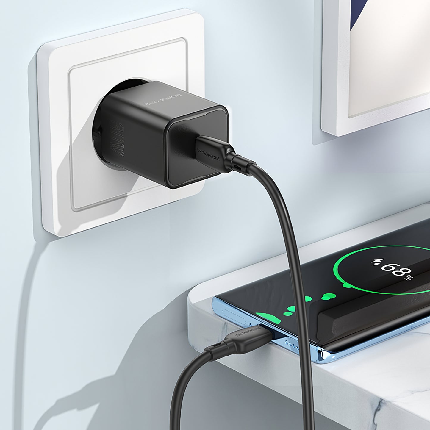 Мрежово зарядно устройство с USB-C кабел Borofone BN13 Safety, 30W, 3A, 1 x USB-C, черно 