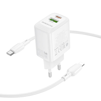 Network Charger with Lightning Cable Borofone BN27 Fuente, 20W, 3A, 1 x USB-A - 1 x USB-C, White