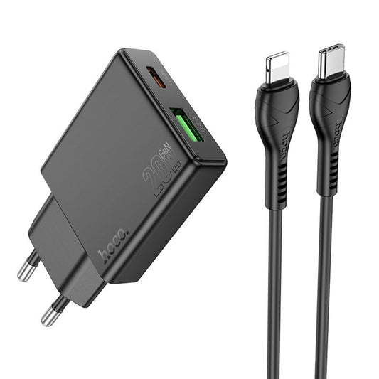Мрежово зарядно устройство с кабел Lightning HOCO N38, 20W, 3A, 1 x USB-A - 1 x USB-C, Черно