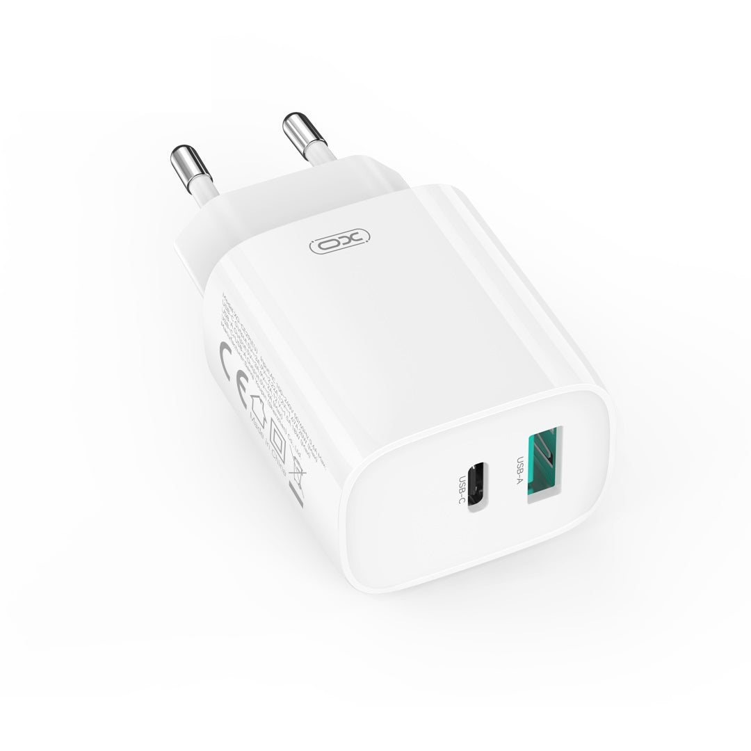 Зарядно за мрежа с кабел USB-C XO Design CE29, 20W, 3A, 1 x USB-A - 1 x USB-C, Бяло