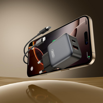 Мрежов заряден уред с кабел Lightning XO Design L156, 30W, 3A, 1 x USB-A - 1 x USB-C, Черен