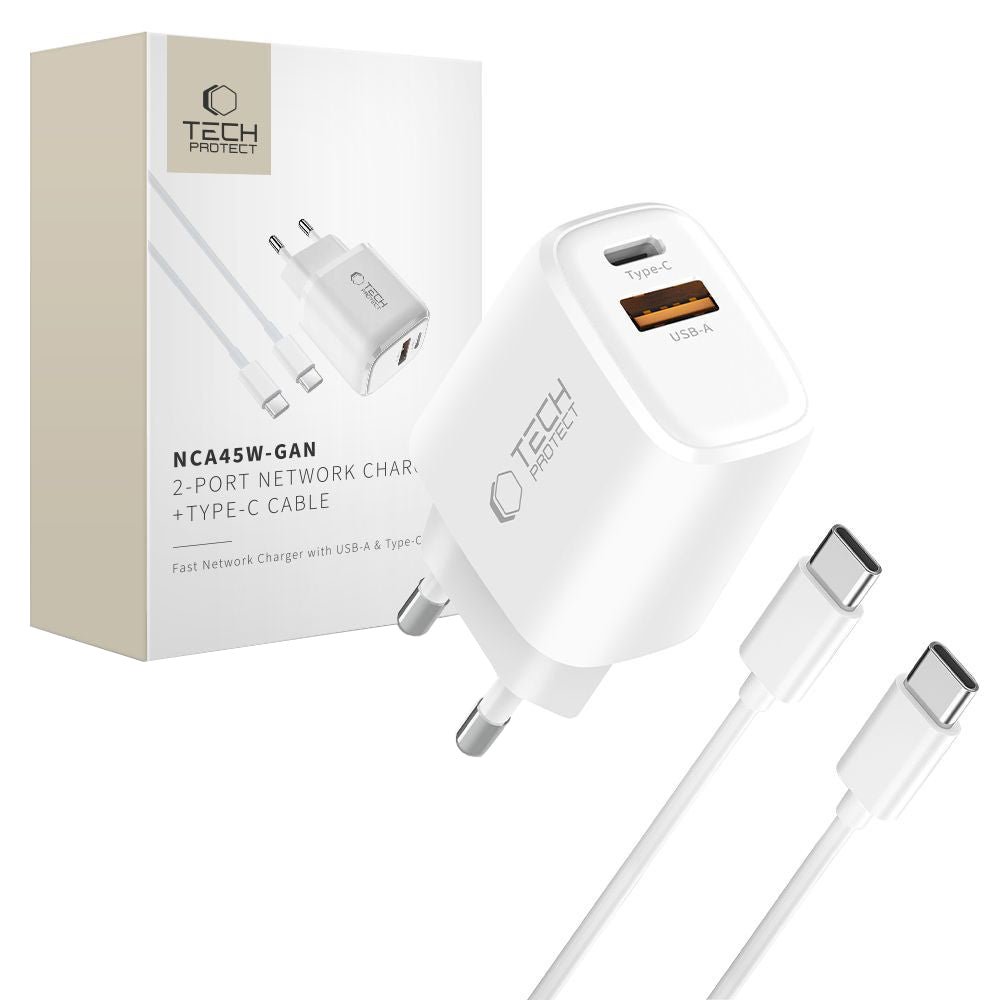 Мрежово зарядно устройство с USB-C кабел Tech-Protect NCA45W, 45W, 3A, 1 x USB-A - 1 x USB-C, Бяло