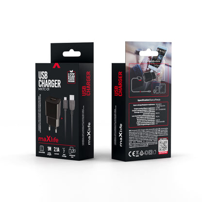 Зарядно за мрежа с microUSB кабел MaXlife MXTC-01, 10.5W, 2.1A, 1 x USB-A, Черно