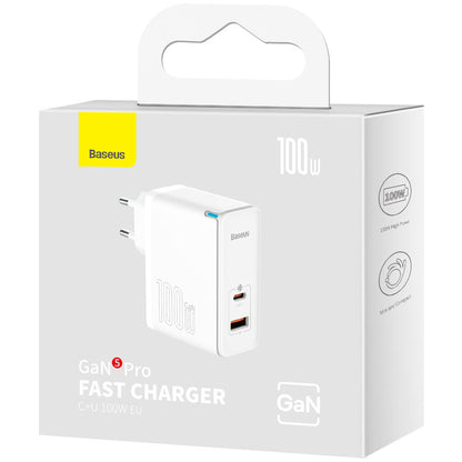 Мрежово зарядно устройство с USB-C кабел Baseus GaN5 Pro, 100W, 3A, 1 x USB-A - 1 x USB-C, Бяло CCGP090202
