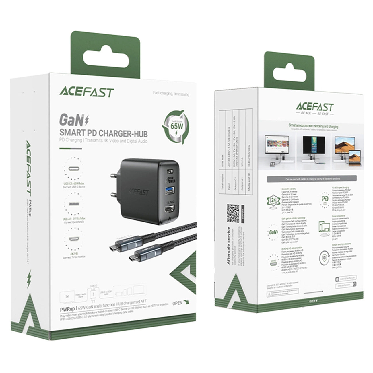 Зарядно устройство за мрежови кабели Acefast A17 TV Hub, 65W, 3A, 1 x HDMI - 1 x USB-A - 1 x USB-C, черно 