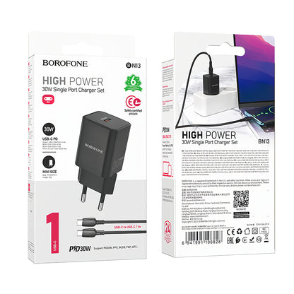 Мрежово зарядно устройство с USB-C кабел Borofone BN13 Safety, 30W, 3A, 1 x USB-C, черно 