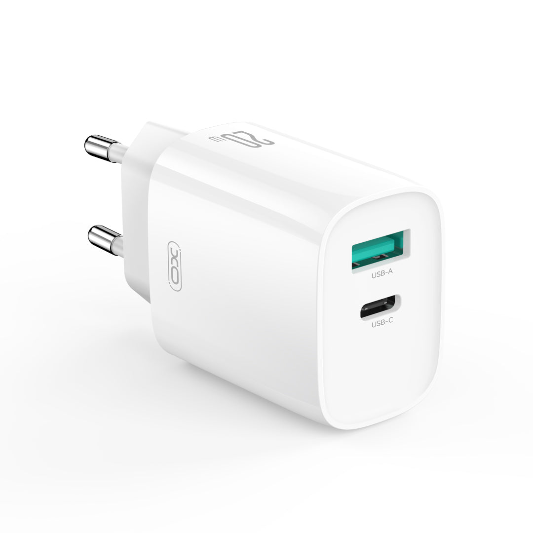 Зарядно за мрежа с кабел USB-C XO Design CE29, 20W, 3A, 1 x USB-A - 1 x USB-C, Бяло