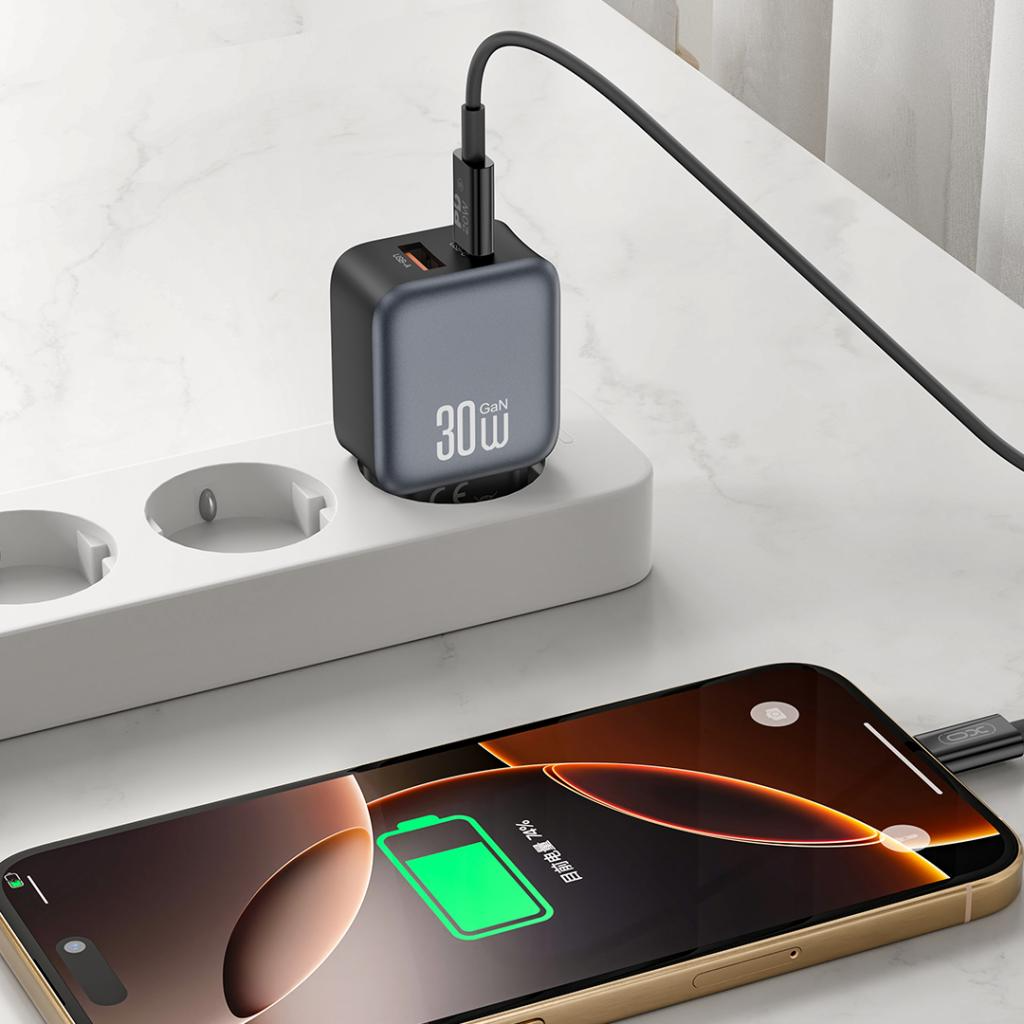 Мрежов заряден уред с кабел Lightning XO Design L156, 30W, 3A, 1 x USB-A - 1 x USB-C, Черен