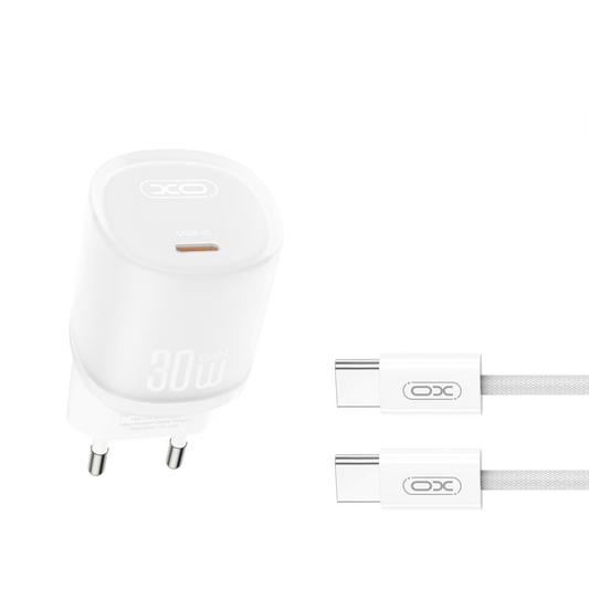 Зарядно за мрежа с кабел USB-C XO Design L150, 30W, 3A, 1 x USB-C, Бяло