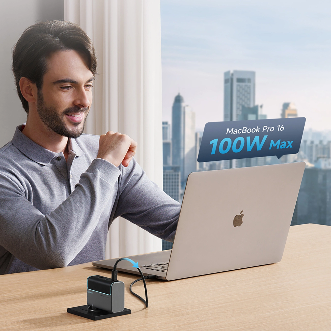 Мрежов заряден уред с USB-C кабел Cuktech, 100W, 5A, 1 x USB-A - 2 x USB-C, Сив CUKAD1003EUG