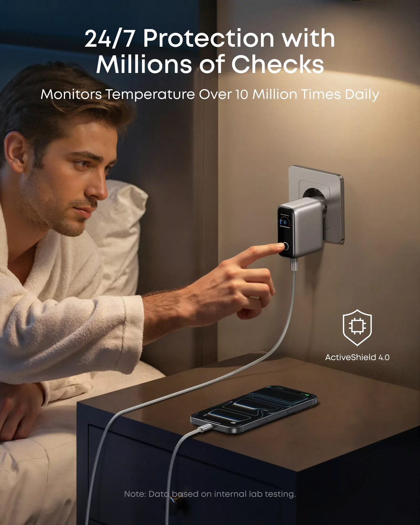 Зарядно устройство за мрежа с кабел USB-C Anker Smart Display, 100W, 5A, 1 x USB-A - 2 x USB-C, Сребристо B121BG41