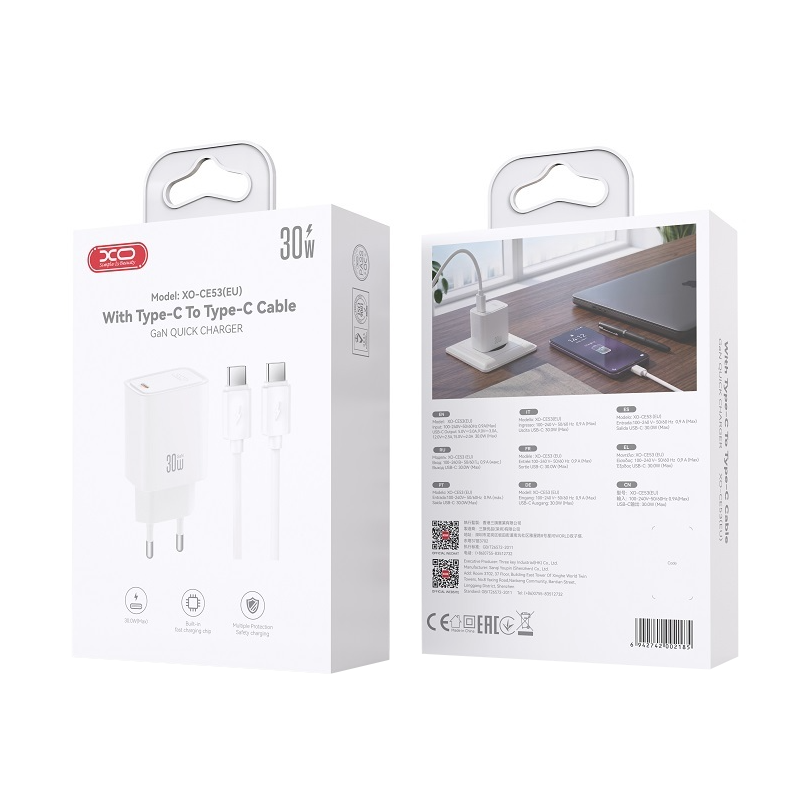 Мрежово зарядно с USB-C кабел XO Design CE53, 30 W, 3 A, 1 x USB-C, бяло