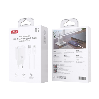 Мрежово зарядно с USB-C кабел XO Design CE53, 30 W, 3 A, 1 x USB-C, бяло