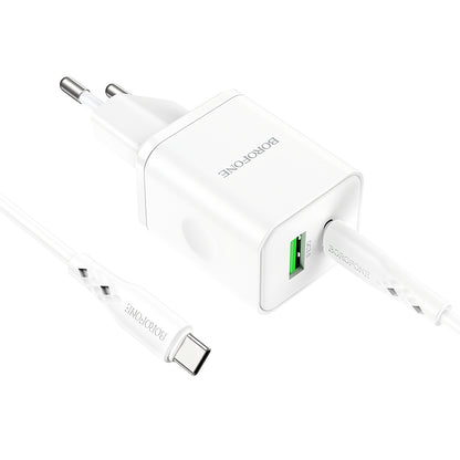 Мрежово зарядно устройство с USB-C кабел Borofone BN7, 20W, 3A, 1 x USB-A - 1 x USB-C, бяло 