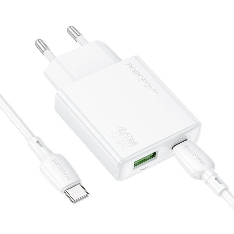 Мрежово зарядно устройство с USB-C кабел Borofone BN25 Wish, 30W, 3A, 1 x USB-A - 1 x USB-C, бяло 