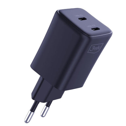 Мрежово зарядно устройство 3MK HyperCharger с USB-C кабел, 45W, 3A, 2 x USB-C, черно 