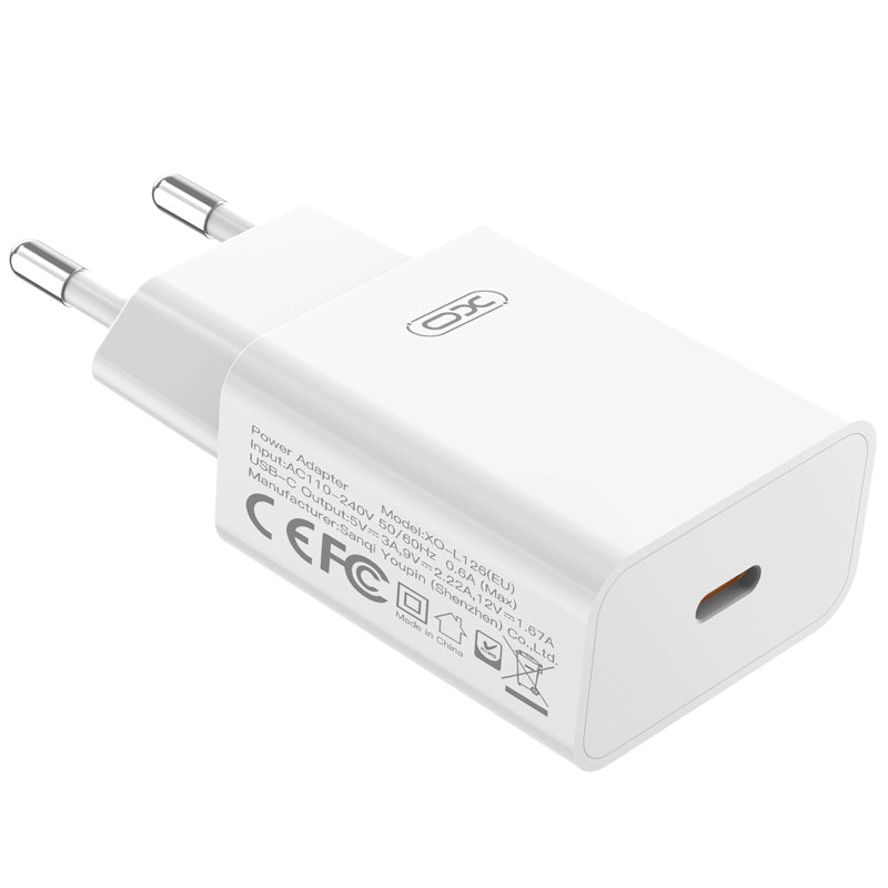 Зарядно устройство за мрежа с кабел USB-C XO Design L126, 20W, 3A, 1 x USB-C, Бяло