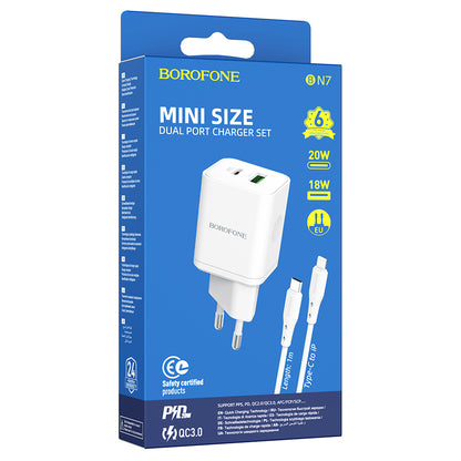 Зарядно устройство за мрежа с кабел Lightning Borofone BN7, 20W, 3A, 1 x USB-A - 1 x USB-C, Бяло