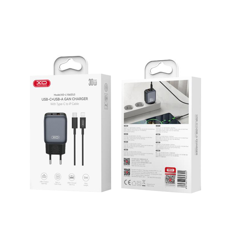 Мрежов заряден уред с кабел Lightning XO Design L156, 30W, 3A, 1 x USB-A - 1 x USB-C, Черен