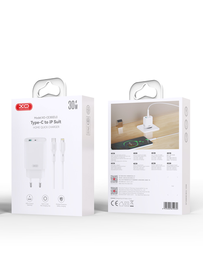 Зарядно устройство за мрежа с кабел Lightning XO Design CE30, 30W, 3A, 1 x USB-A - 1 x USB-C, Бяло